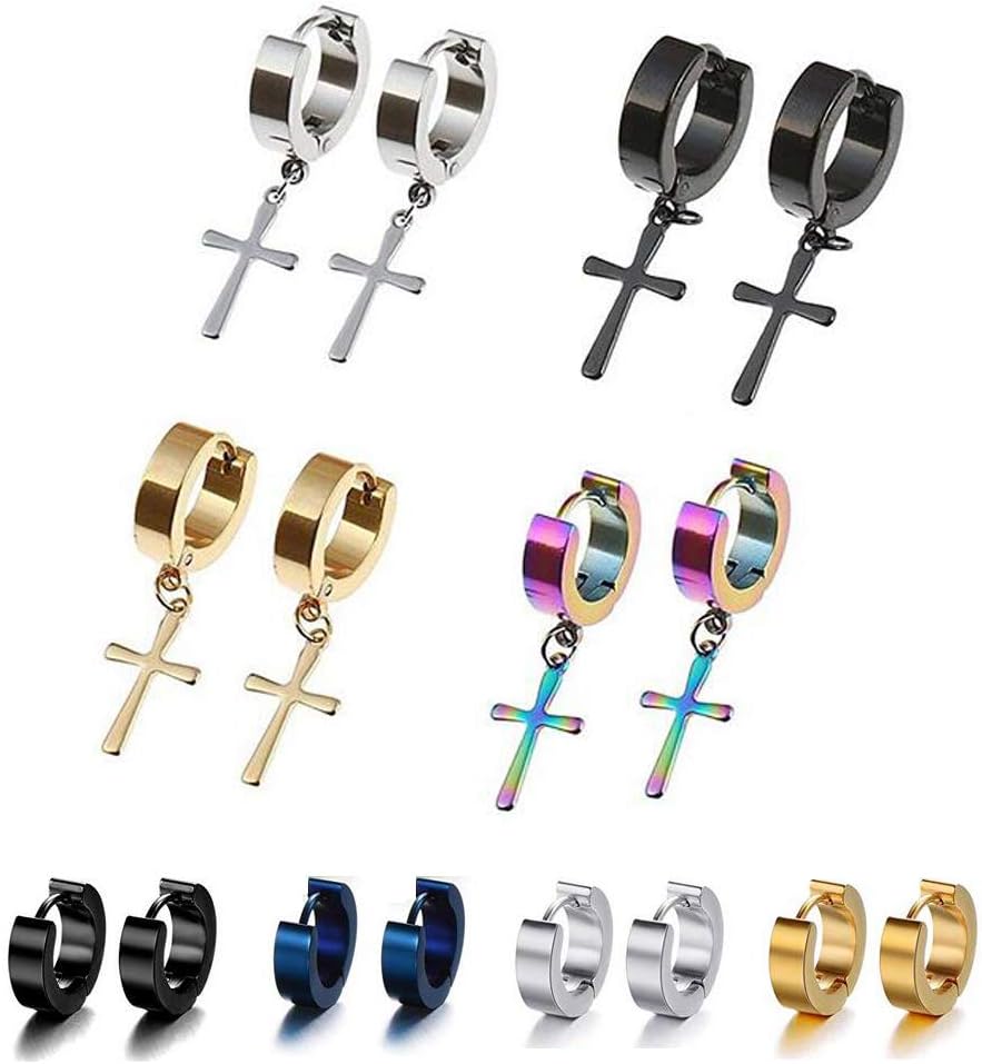 3-8 Pairs Stainless Steel Mix Earring Unique Cross Dangle Hinged Hoop Huggie Dangle Earrings Piercing For Men Women Jewelry