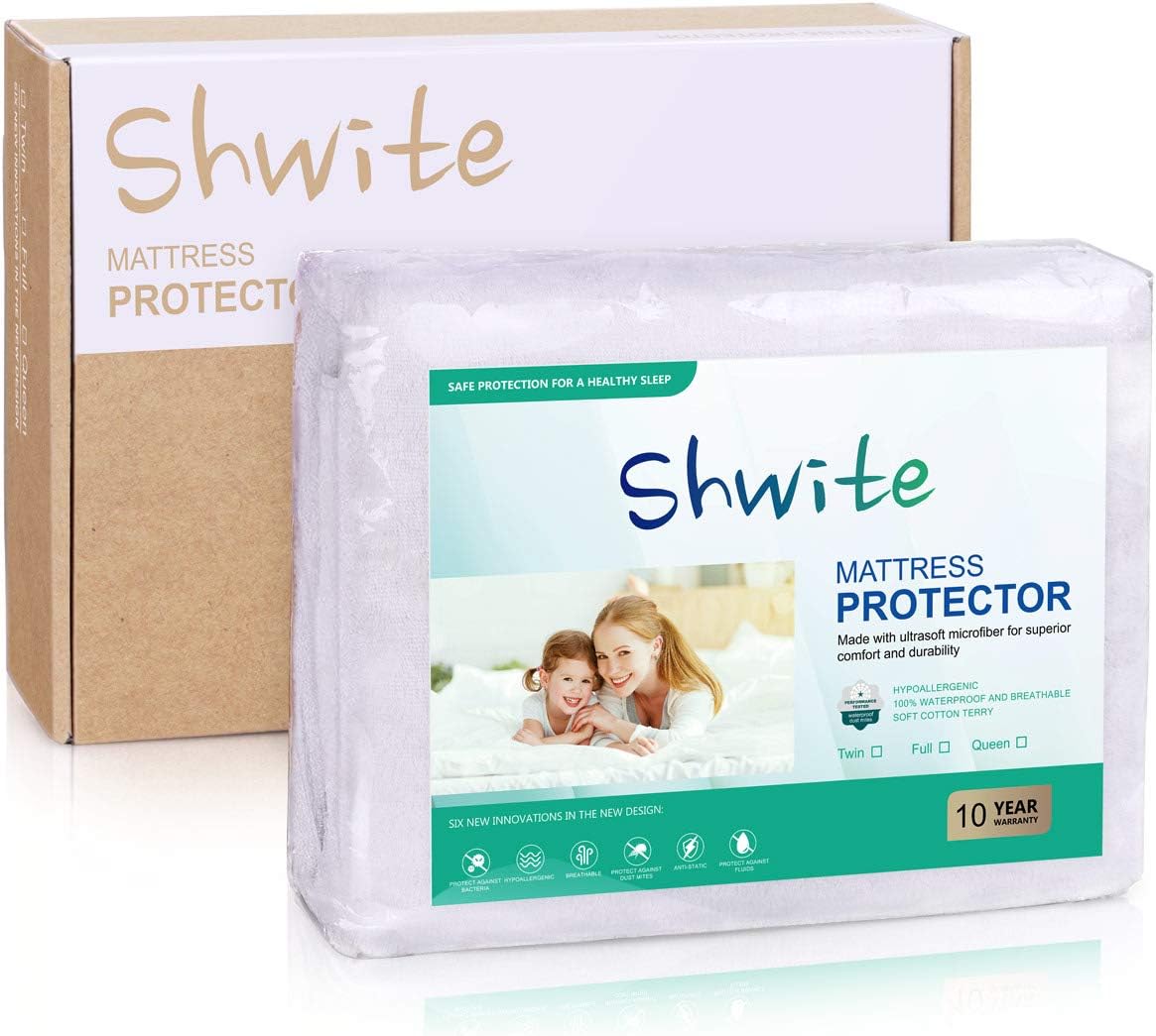Shwite Premium Hypoallergenic Waterproof Mattress Protector Queen Size, Breathable Soft Cotton Terry Surface, Vinyl Free