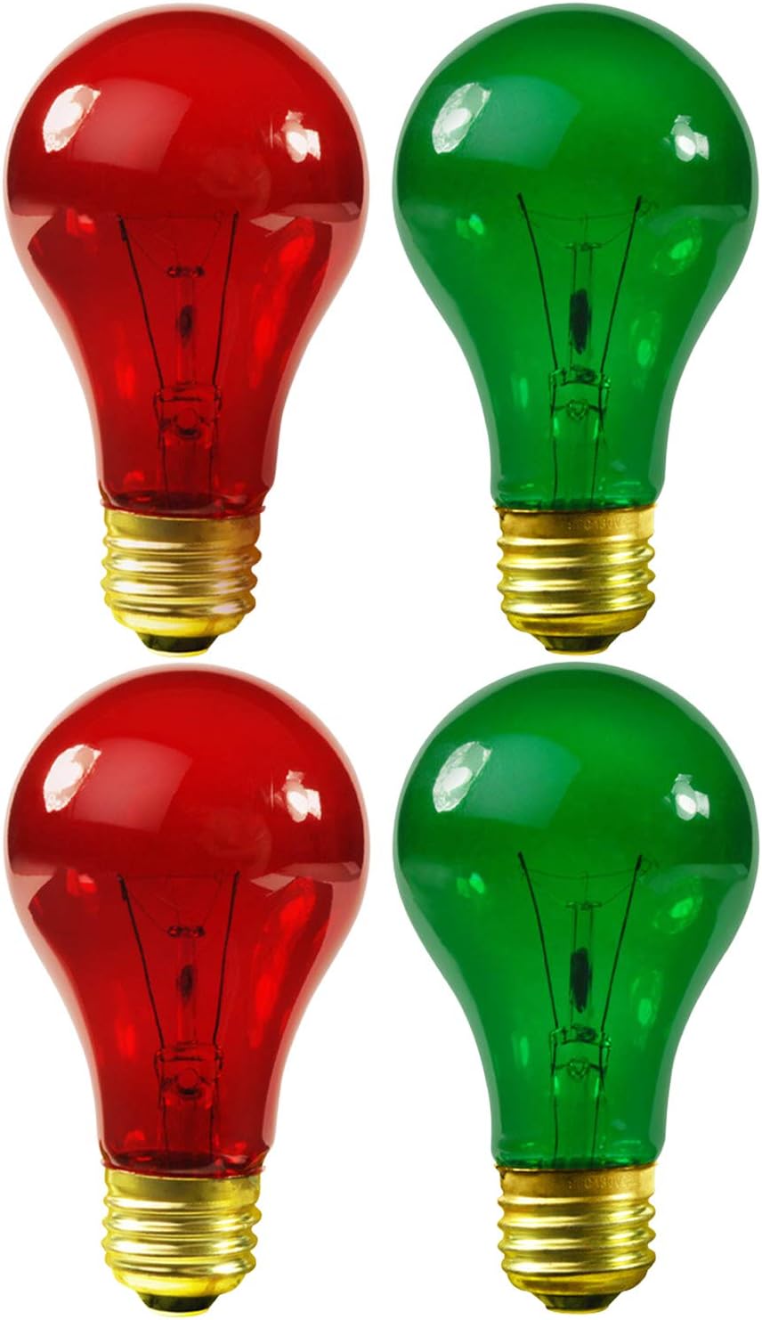 4 Pack 25 Watt A19 Colored Transparent Red and Green Incandescent Medium Base Party Light Bulb