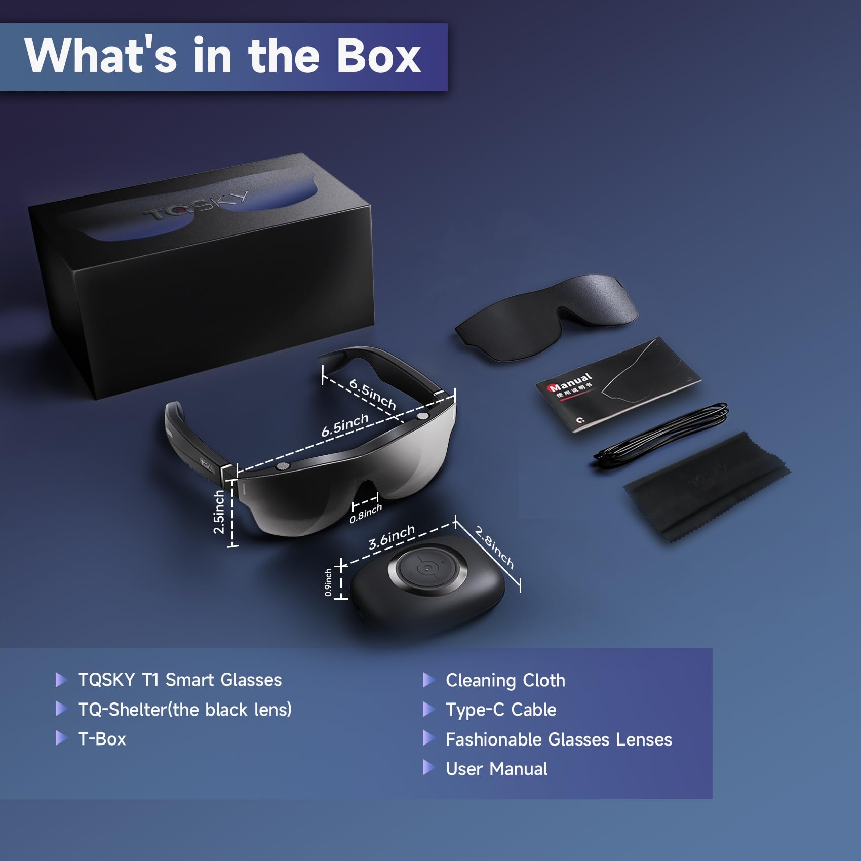 TQSKY T1 AR Glasses with T-Box, Portable Massive 1080P Screen, Built-in 150