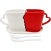 Large Kissing Mugs Set 16oz Kiss Couples Two Coffee Cups and Saucer Love Gifts for Anniversary,Wedding,Valentines,Birthday, Engagement,Lovers Household Tableware (white red)