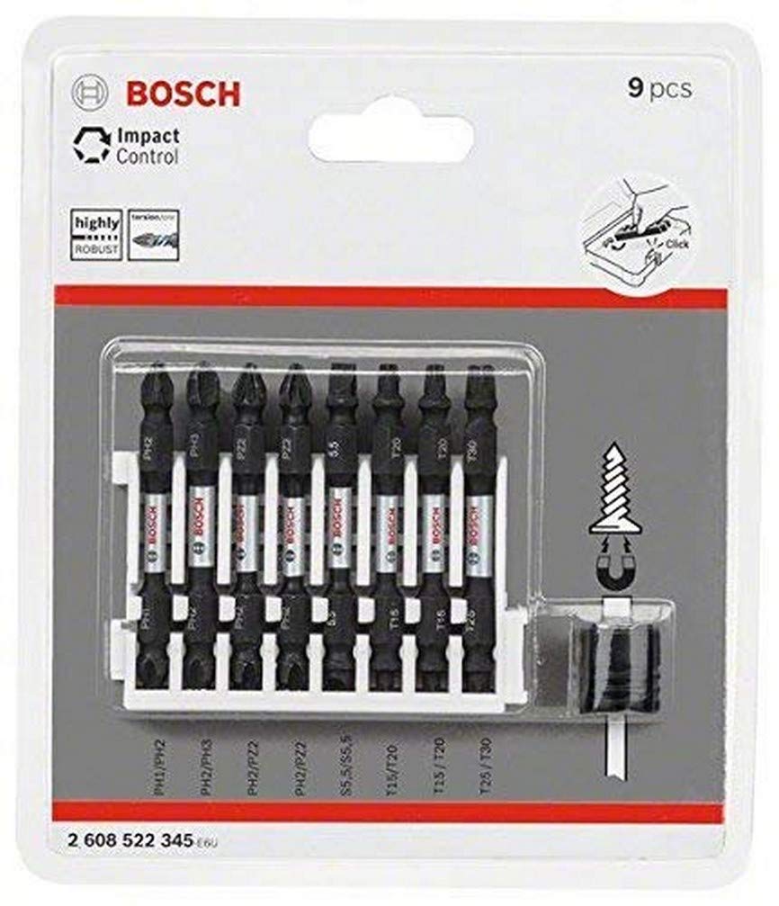 Bosch Professional 2608522345 9-Piece Double Screwdriver Set (Impact Control, T/PZ/PH/SL Bits and Magnetic Sleeve Length: 65 mm, Pick and Click)