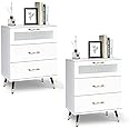 YIGOBUY White 3 Drawer Nightstand Set of 2 Wood Bedside Table Tall Nightstands with Glass & Gold Metal Legs End Side Table for Bedroom,Living Room(White, 21 inch)