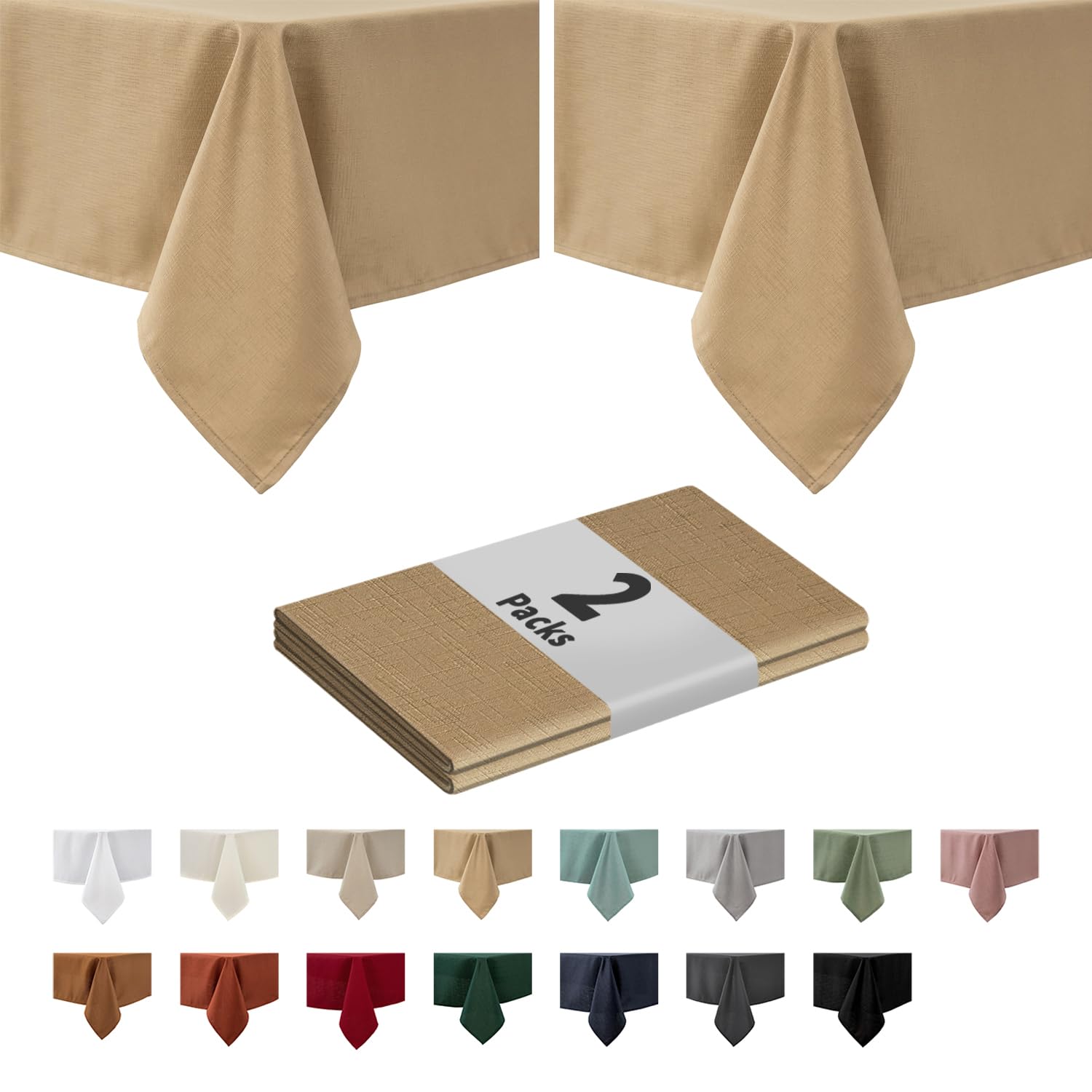 maxmill 2 Pack 60 x 84 Inch Beige Faux Linen Textured Rectangle Tablecloth Water Resistant Wrinkle Free Spill-Proof, Soft Table Cloth for Dining Room Decoration, Banquet Parties Holiday Dinner Image