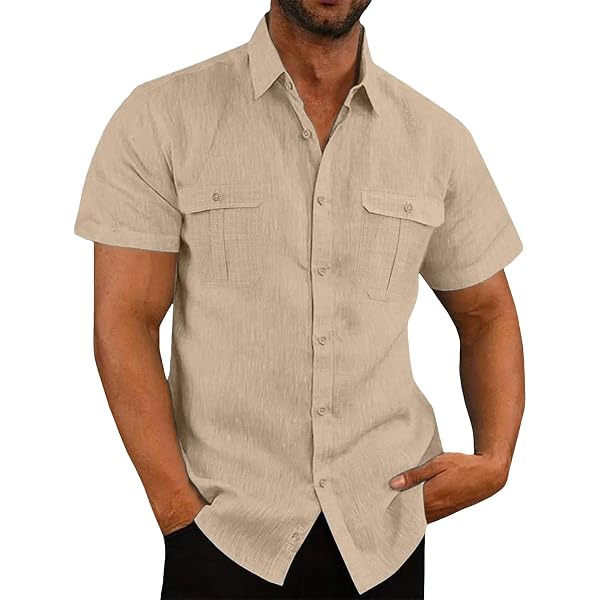 Amazon.com: JZCJY Men's Shirt, Double Pocket Cotton Linen Short