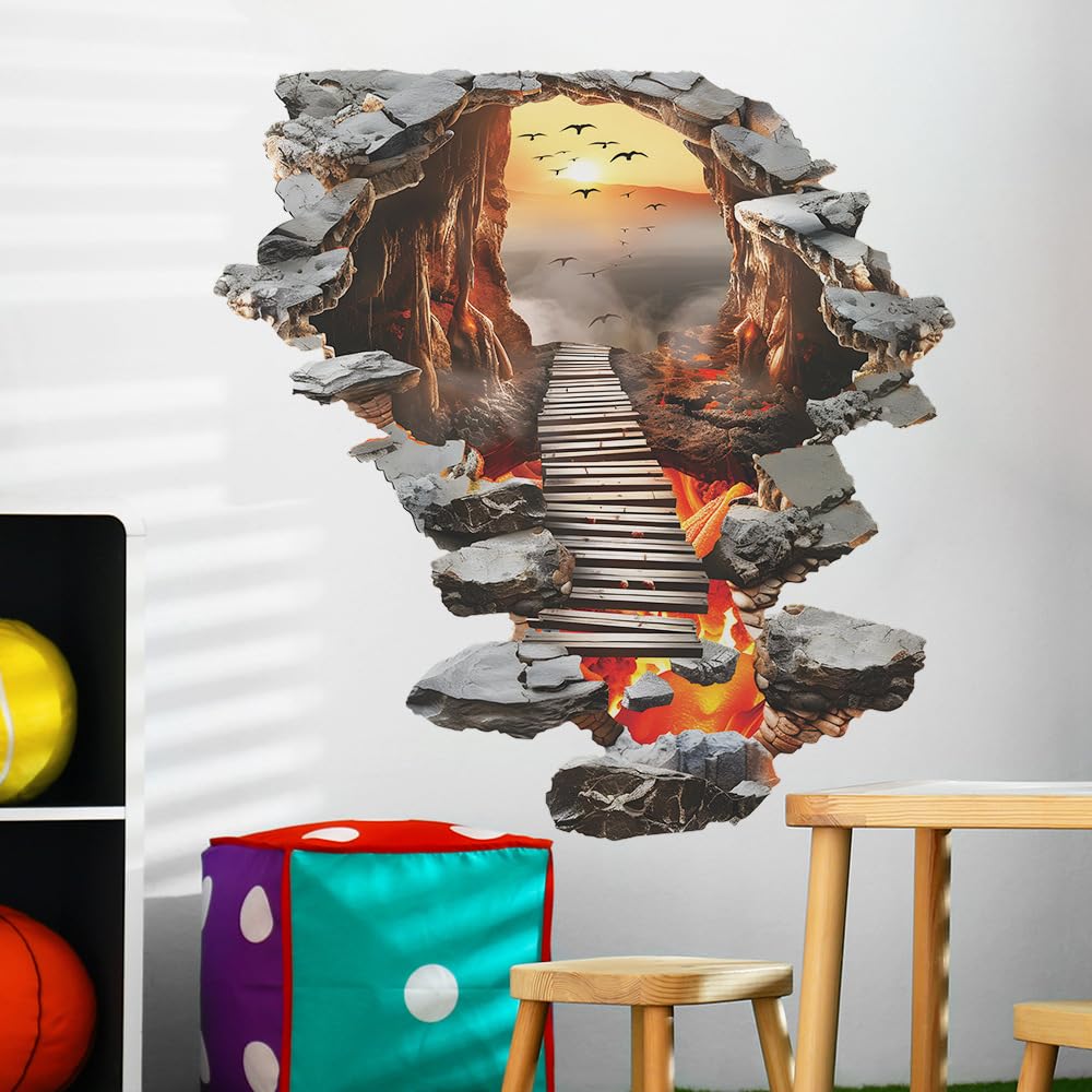 HGDESIGN® Wall Sticker Floor Sticker Hanging Bridge Volcano Wall Sticker Wall Decoration for Living Room Bedroom Hallway Kitchen (A)