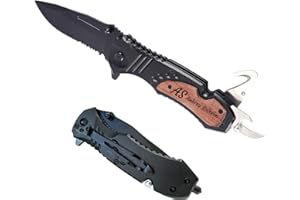 KOMVIOO Personalized Multitool Pocket Knife for Men, Black, Wood Handle, 8.2 Inch, with Rope Cutter, Glass Breaker, Belt Clip