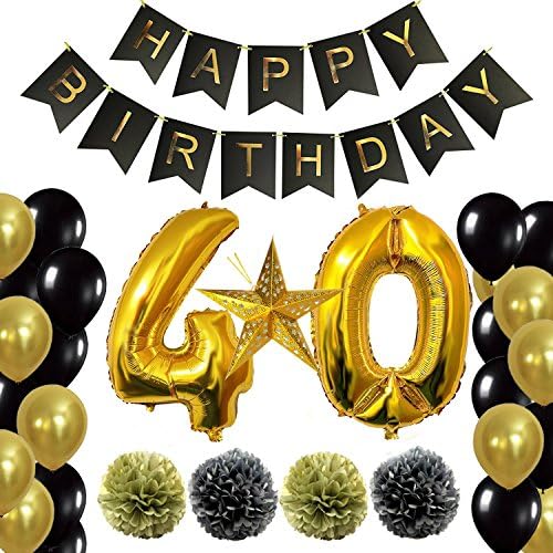 WeSurprise 40th Birthday Decorations Party Supplies Happy Birthday Banner, Giant 40'' Number 40 Foil Balloon, Laser Paper Star, Pom Poms Gold and Black, Free Inflator and Glue Dots (40th)
