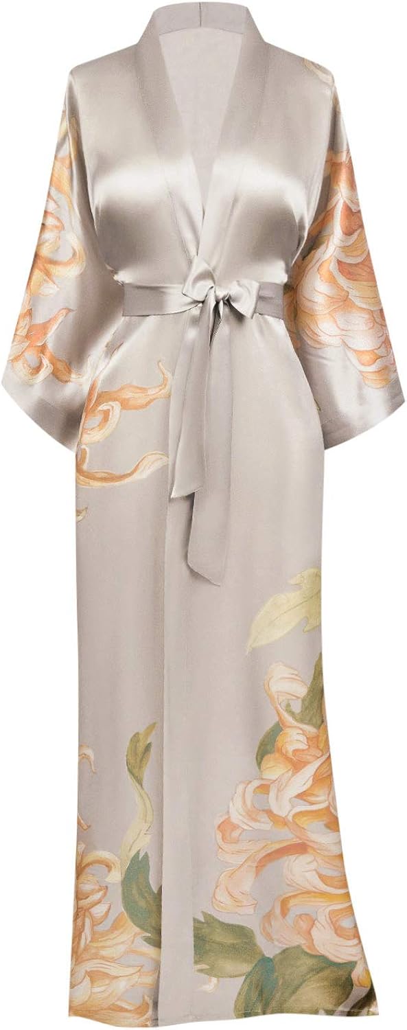 KIM+ONO Washable Silk Kimono Robe Long Floral Print, Kiku Willow at