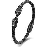 BIYONGDE Black Braided Leather Animal Bangle Bracelet Black Steel Cobra Snake with Red Cubic Zirconia Eye