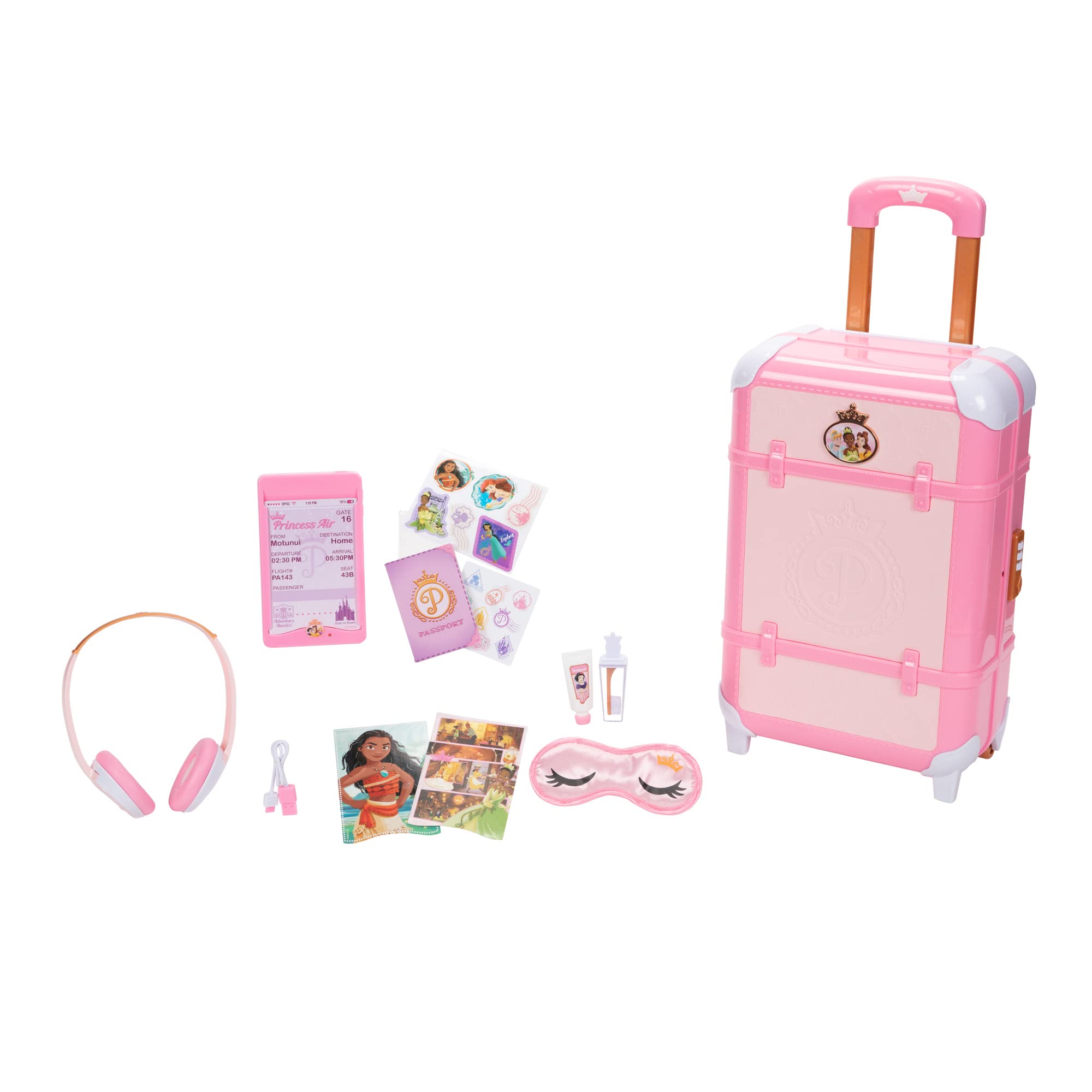 Disney Princess Travel Suitcase Play Set for Girls with Luggage Tag Style Collection, 14 Pretend Play Accessories Pieces Including Travel Passport! for Ages 3+