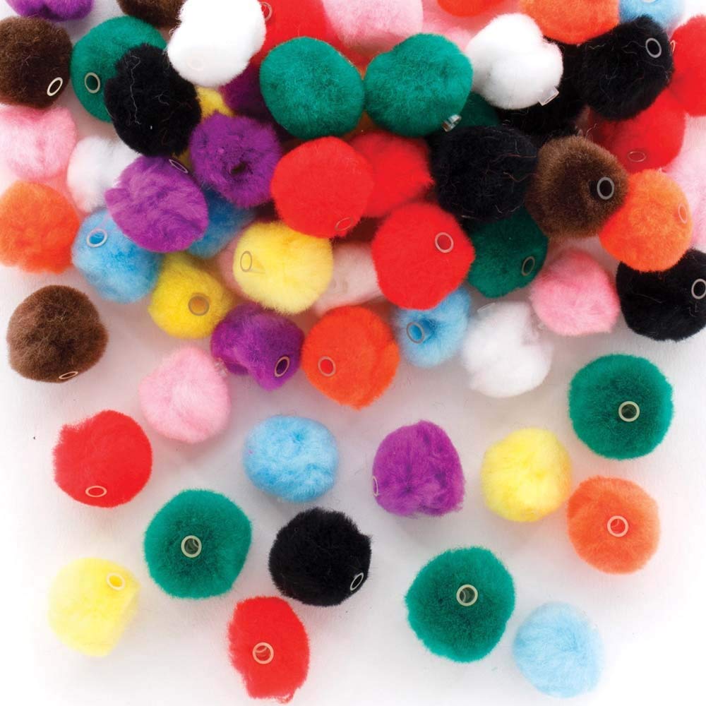 Baker Ross FE325 Coloured Threading Pom Pom Beads - Pack of 100, Multi Coloured Embellishments for Children's Jewellery Making, Arts Crafts and Crafting Activities