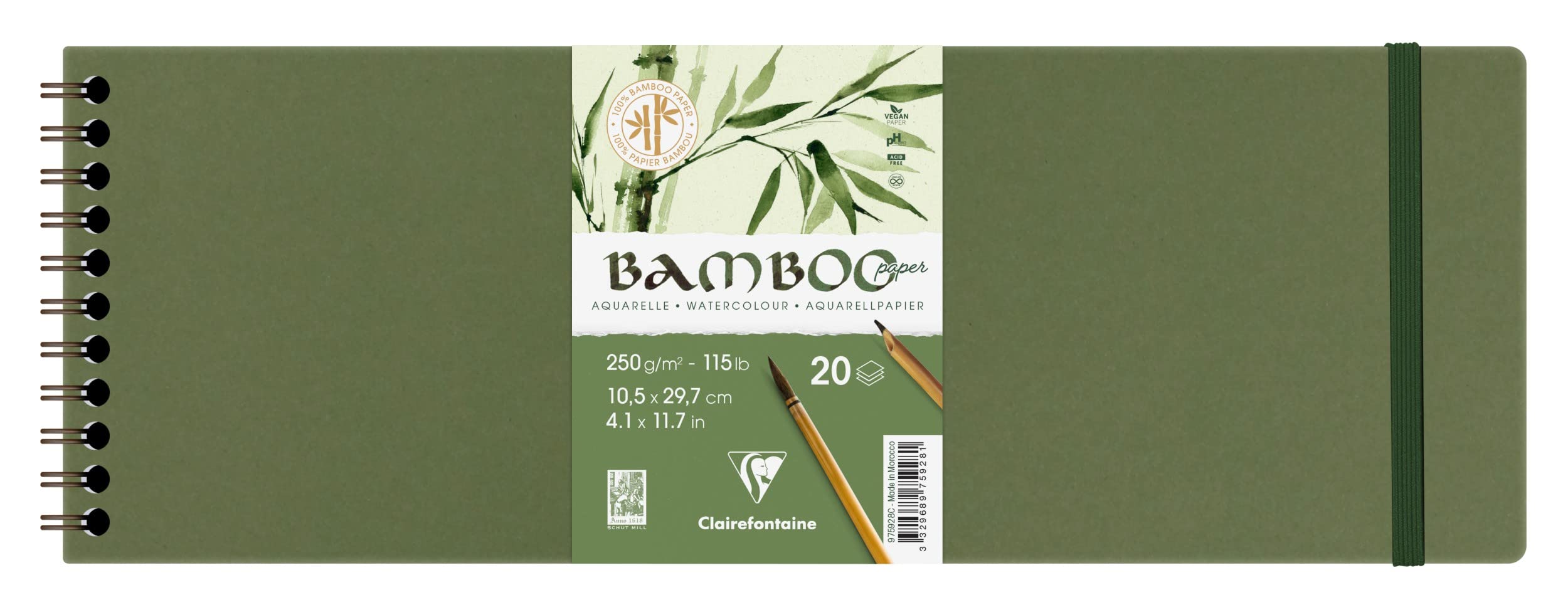 Clairefontaine 975928C - Bamboo Spiral Notebook - 20 Sheets of 100% Bamboo Watercolour Paper, Natural White, Vegan - Finely Marked Grain , 10.5x29.7 cm, 250g