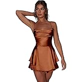 AGYMNX Women Sexy Spaghetti Strap Satin Dress Sleeveless Low Cut Backless Short Romper Dress Party Jumpsuit Mini Sundress