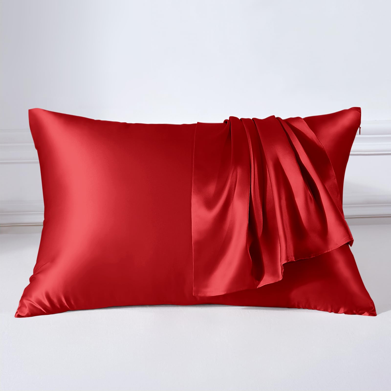 THXSILK 22 Momme Silk Pillow Case for Hair and Skin - Mulberry Silk Pillow Case - Hypoallergenic with Hidden Zipper - Pure Silk on Both Sides, Silk, red, 50 x 75 cm