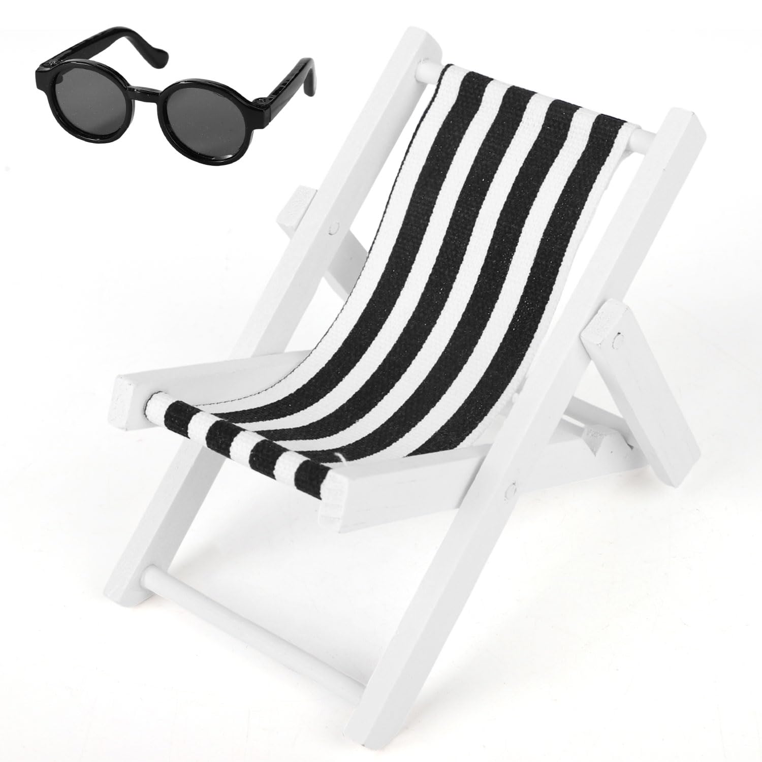 6.69in 17cm Doll Accessories : Have a Seat Set, Includes Wooden Mini Folding Beach Chair & Plastic Miniature Sunglasses for Doll House Furniture Decorations (Black)