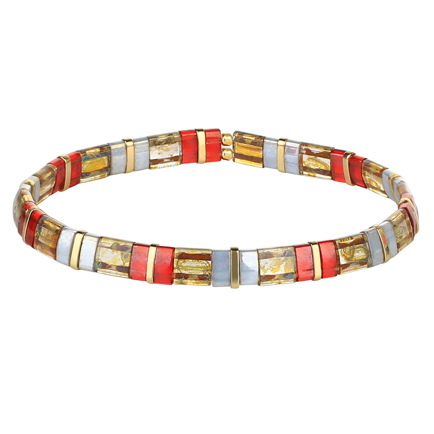 KELITCH Women Tila Beads Charm Bracelet Stretch Bracelets Candy Colors Wrap Friendship Jewery - Red Brown F