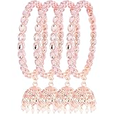 Efulgenz Indian Bangles for Women Crystal Kundan Bollywood Wedding Party Bracelet Bangles Faux Pearl Jhumka Tassel Bracelet Bangle Set Fashion Jewelry for Women (4 Pcs)
