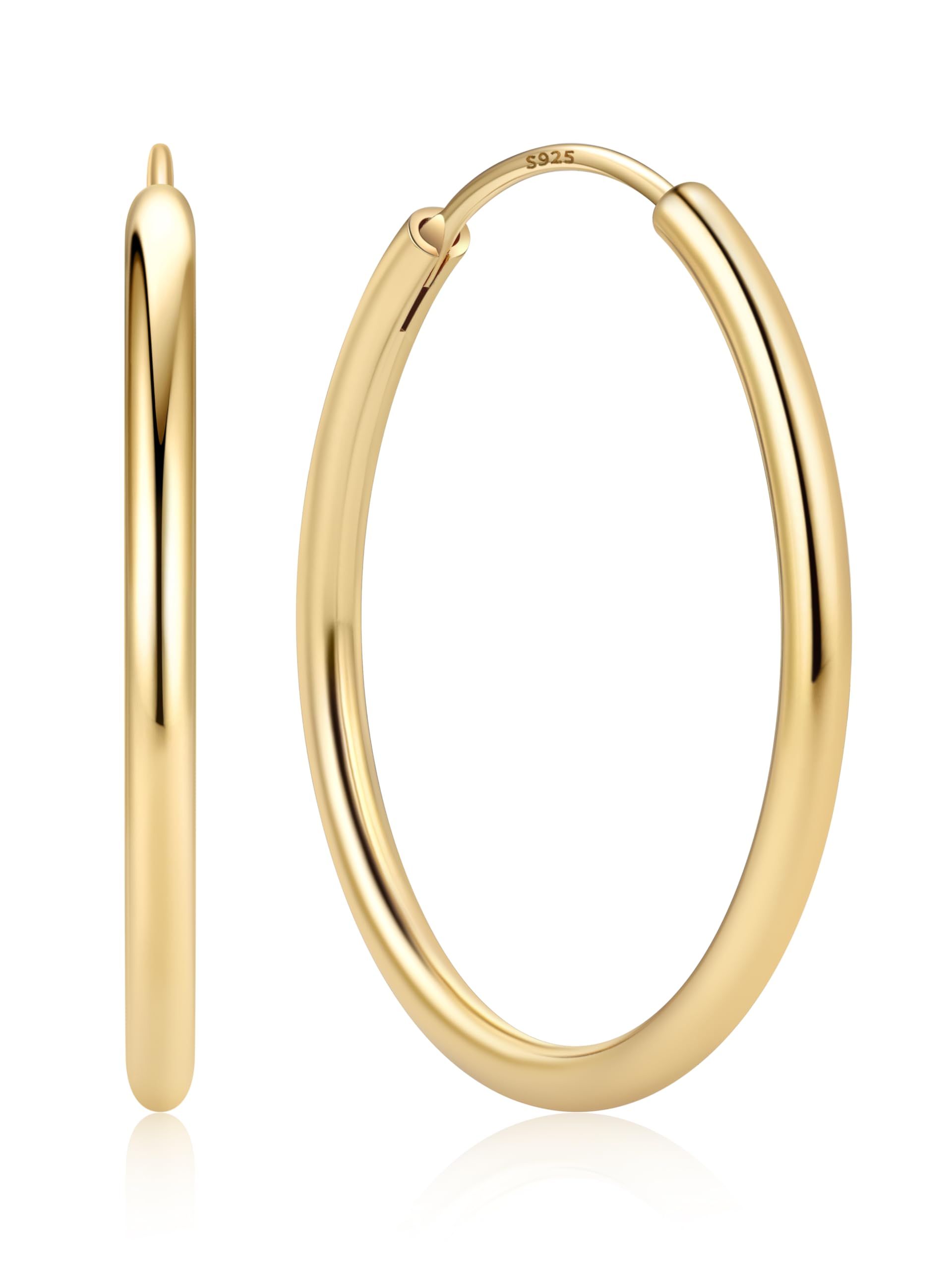ChicSilver Hoop Earrings for Woman Gold Plated Endless Loop Earring 925 Sterling Silver Round Circle Earring Hoops 30mm — image 1