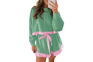 Fisoew Women's 2 Piece Lounge Sets Color Block Ruffle Cropped Sweatshirts Loose Drawstring Waist Shorts Sweatsuits