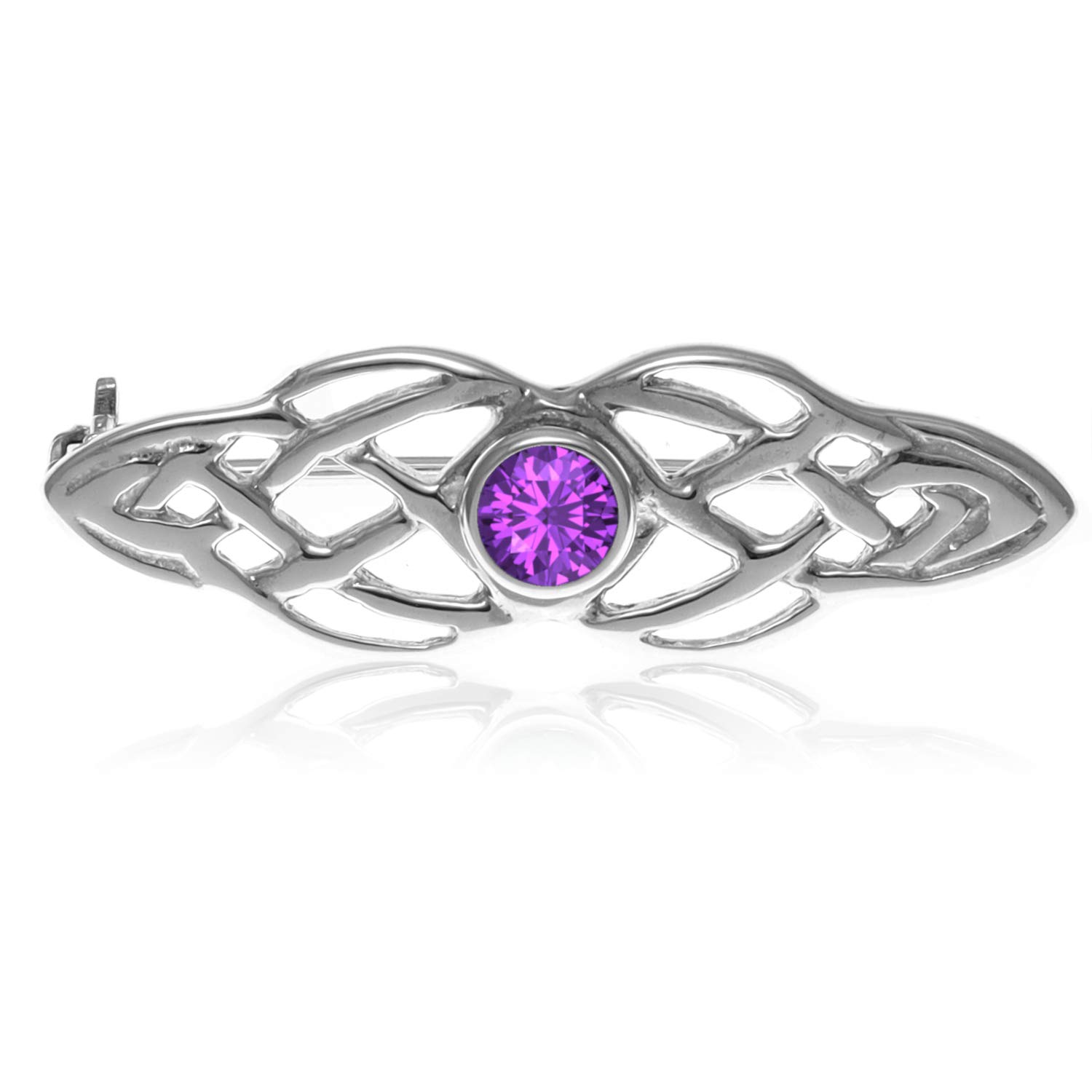 Alexander Castle 925 Sterling Silver Celtic Brooch for Women - Ladies Brooch Pin with Purple Cubic Zirconia & Jewellery Gift Box - 34mm