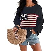 Dressmine Womens American Flag Sweater Knit Long Sleeve Crew Neck Graphic Elegant Soft Loose Pullover