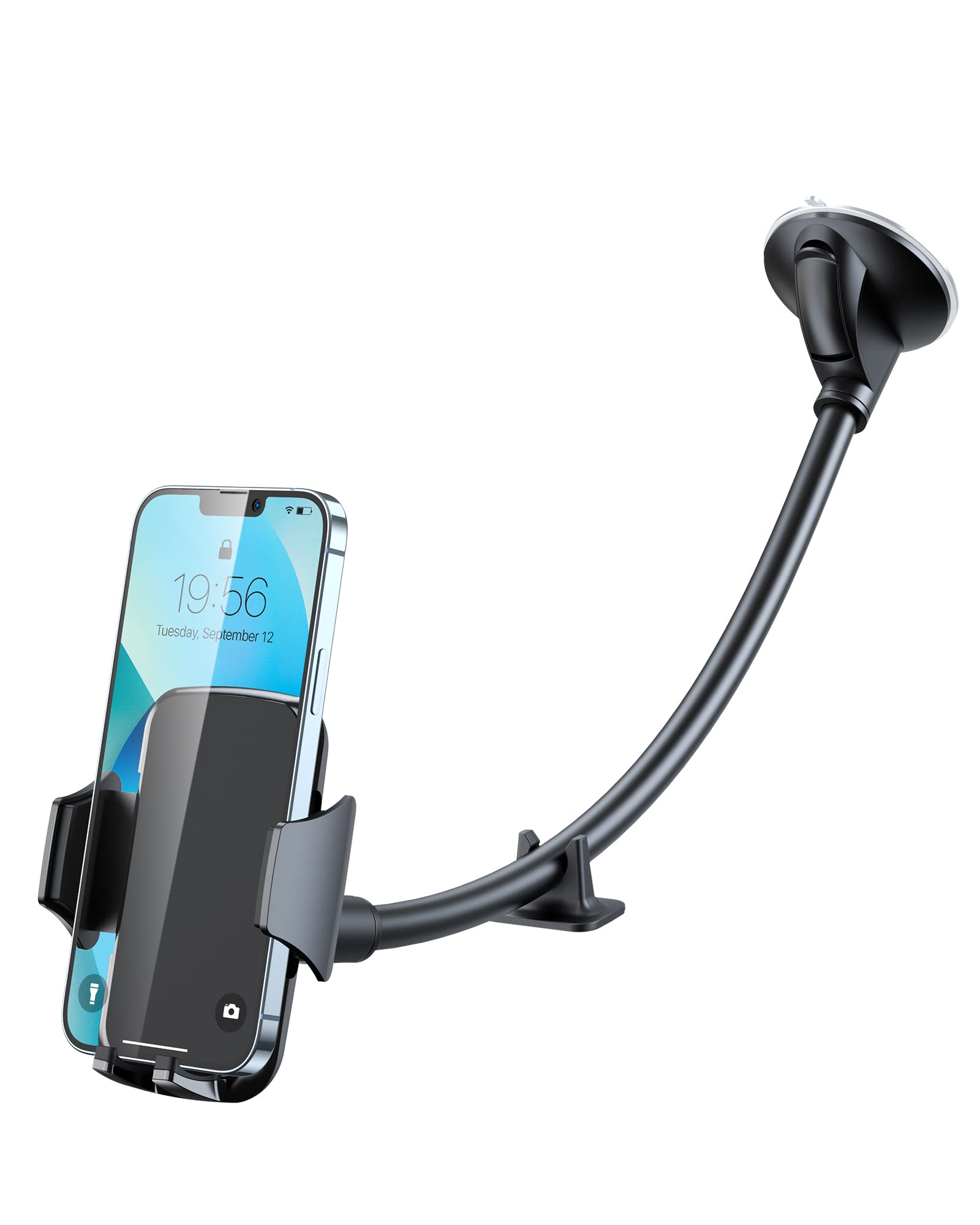 YOSH Windscreen Car Phone Holder, Adjustable Windshield Phone Mount with Long Arm Gooseneck & Strong Suction Cup, Easy-to-use Car Mini Van Phone Cradle for iPhone 15 14 13 12 11 Pro Samsung Huawei