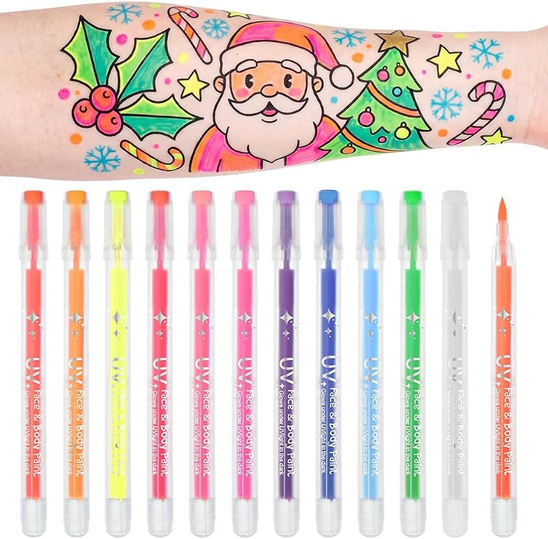Pintacaras Infantil, 12 Colores UV Fluorescente Pintura Cara Niños Hipoalergenica, Pintura de Cara de Neón Brillante UV, Rotuladores Corporales para Piel Punta Individual para Halloween Carnaval — foto 8 de 8