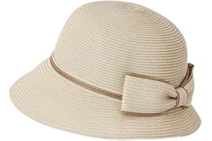 Womens Straw Bucket Hat, Foldable Summer Beach Sun Hat, Breathable Packable Bowknot Derby Hat with Windproof Lanyard