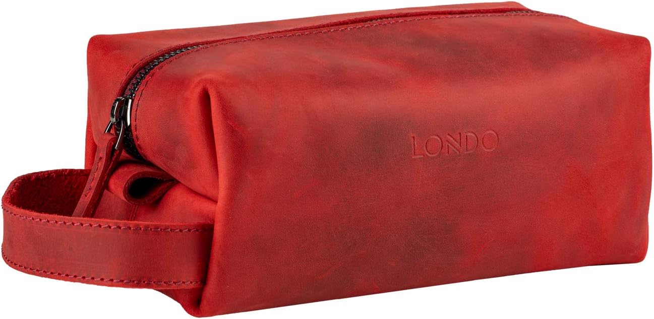 Londo Genuine Leather Travel Toiletry, Makeup, Shaving Organizer Bag - Dopp Kits - Unisex, Red
