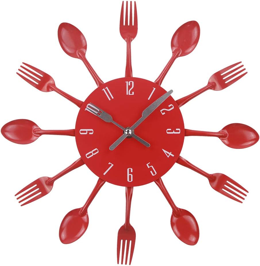 Timelike Kitchen Wall Clock, 3D Removable Modern Creative Cutlery Kitchen Spoon Fork Wall Clock Mirror Wall Decal Wall Sticker Room Home Decoration (Red)
