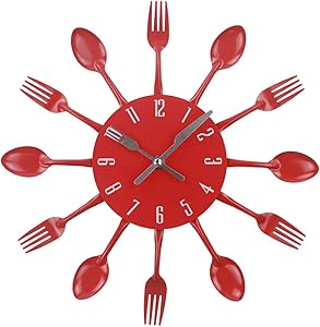 Timelike Kitchen Wall Clock, 3D Removable Modern Creative Cutlery Kitchen Spoon Fork Wall Clock Mirror Wall Decal Wall Sticker Room Home Decoration (Red)