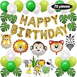 PartyBuzz Jungle Safari Theme Party Supplies - 75 Pack Birthday Decoration Kit - Happy Birthday Banner, Zoo Cupcake Toppers, Wild Animal Balloons - Monkey Giraffe Zebra Lion Tiger