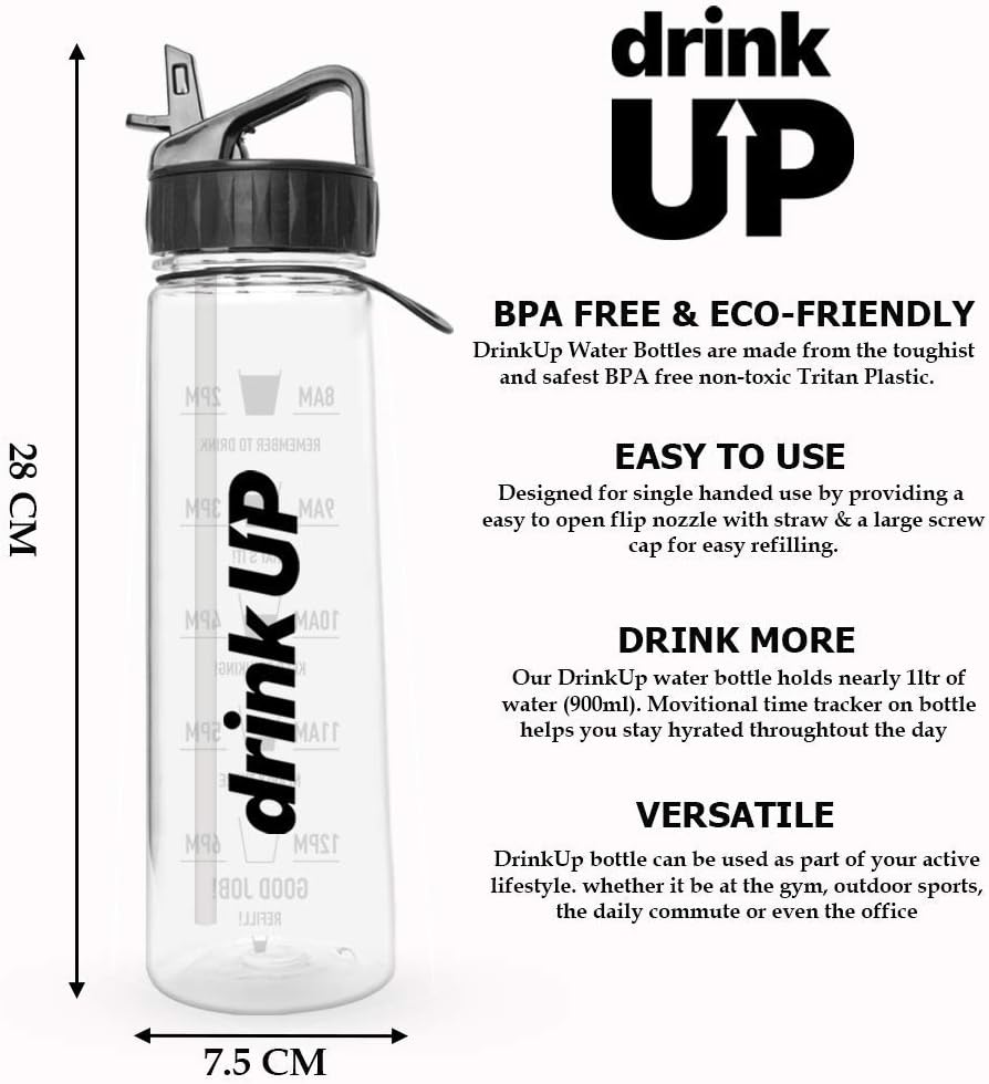 DrinkUp Motivational Water Bottle with Time Markings Straw, Black, 900 ml - Image 3