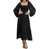 Olaesa Boho Maxi Dresses for Women 2025 Long Sheer Sleeve Smocked Square Neck Chiffon Tiered Flowy Wedding Guest Fall Dress