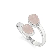 LUSTRE AND LIGHT Natural Raw/Rough Rose Quartz 2 Stone Size Adjustable Stackable Twister Ring for Women in Sterling Silver, January Birthstone Jewelry Gifts for Her (Bezel-Set)