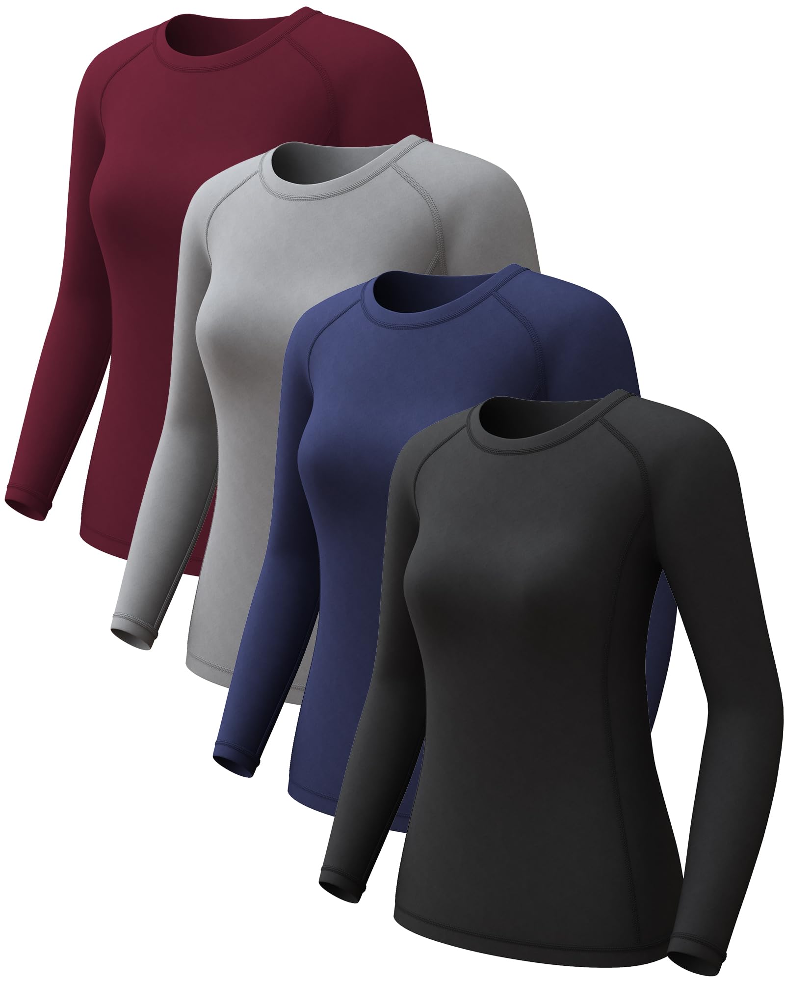 Photo 1 of 4 Pack Women's Long Sleeve Compression Shirts, Cool Dry Workout Athletic Tops Sun Protection Cooling Shirts for Yoga Running Hiking Gym Black/Blue/Grey/Wine Red Small