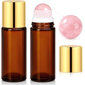 2 Pack Rose Quartz Roller Glass Bottles, 50ml Refillable Roll On Bottles | Amber Glass Refillable Roll On Bottles with Leak-P