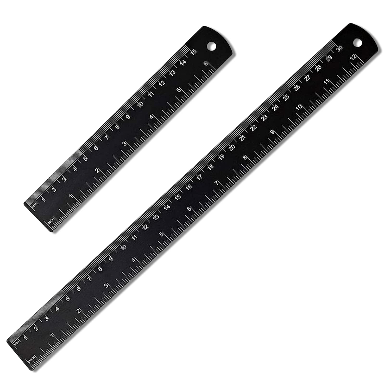 Metal Ruler 30cm 15cm, 2 Pack Long Shatterproof Rulers Black Straight Aluminum Alloy Metal Rule for School Office Engineering