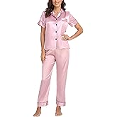 Women's Satin Pajamas Set 2 Piece Pj Set Sleepwear Notch Collar Short Sleeve T-Shirt Button-Down Loungewear with Long Pants