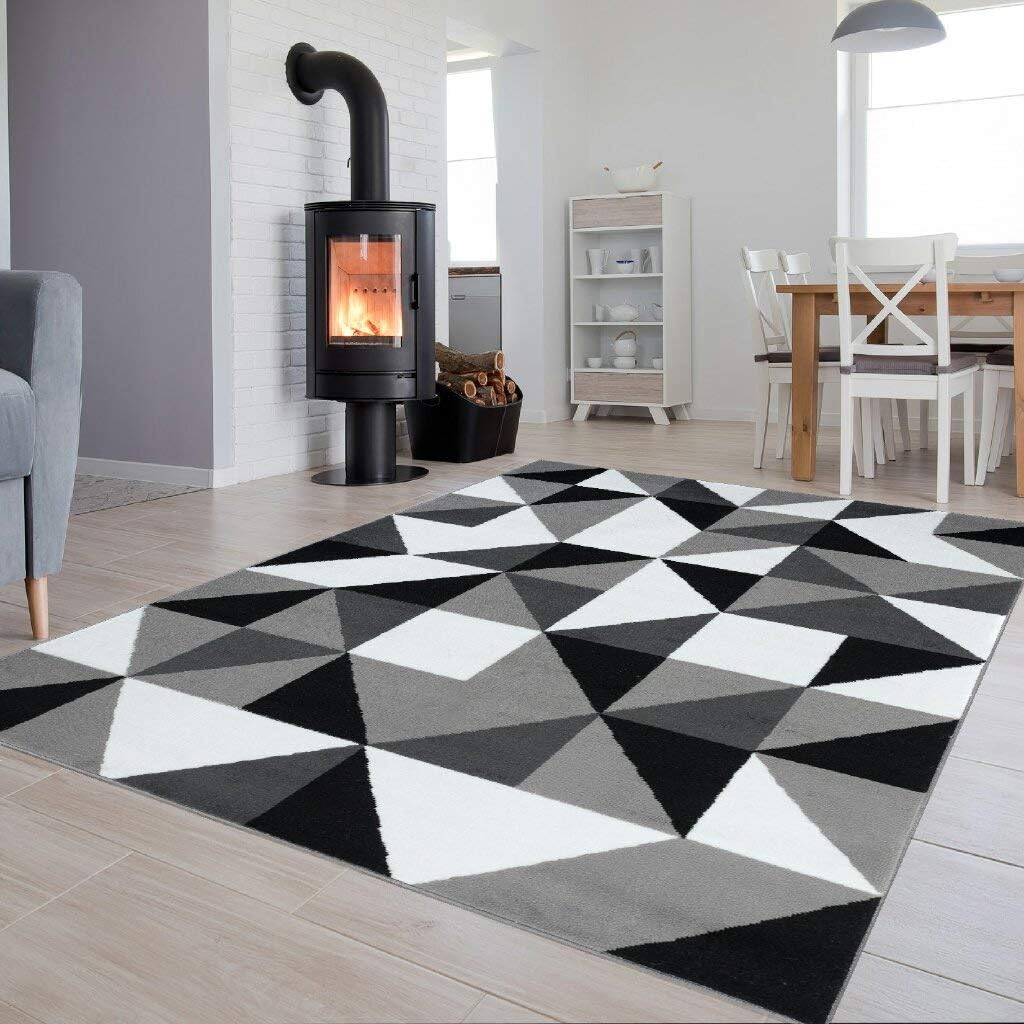 Tapiso Luxury Area Rug Living Room Bedroom Modern Small Triangles Grey White Black Short Pile Durable Carpet Size - 140 x 200 cm (4ft7 x 6ft7)