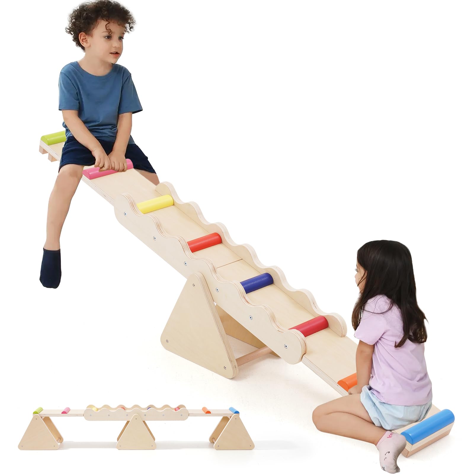 HOMCENT 2 in 1 Wooden Seesaw Balance Beam, Montessori Toy for Kids 3-6, Indoor Outdoor Gym Equipment