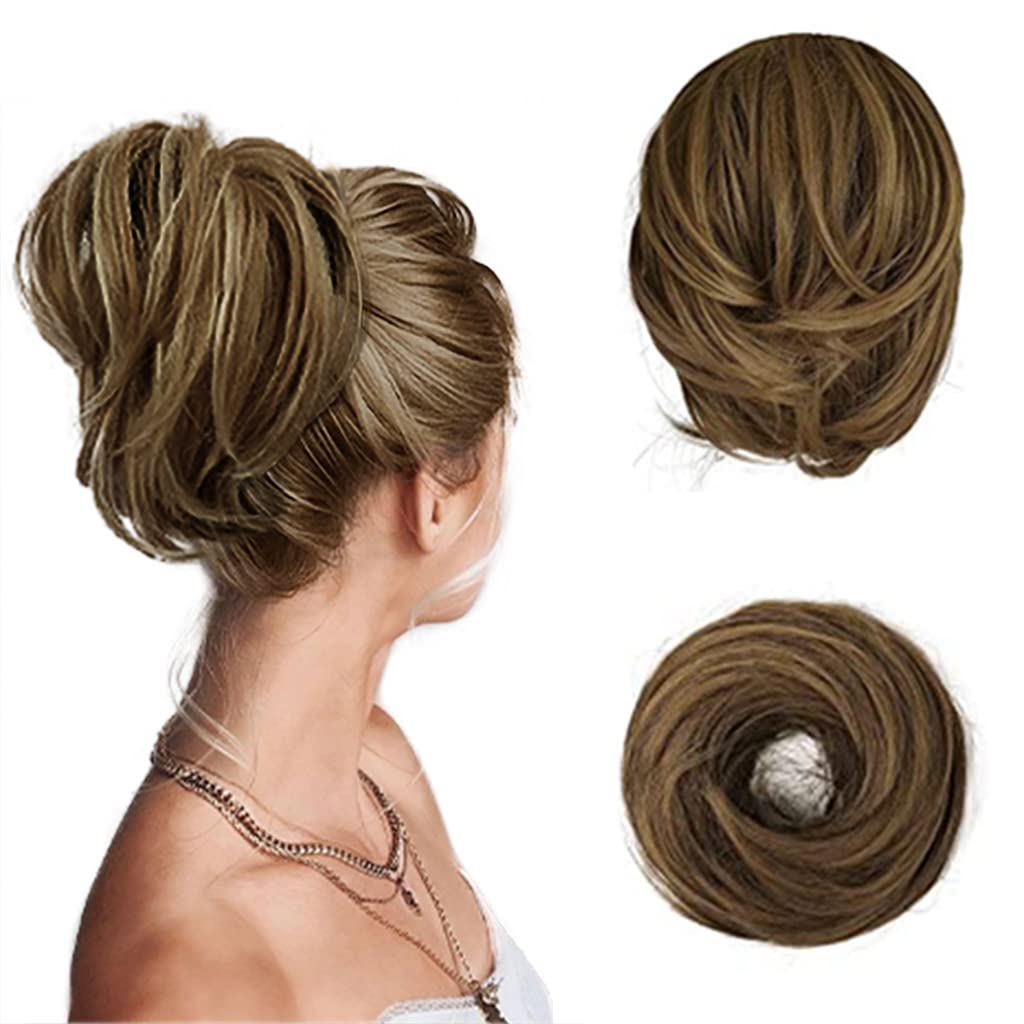 Photo 1 of BARSDAR Hair Bun Ponytail Extension - Fully Short Straight Ponytail Bun Extensions Synthetic Easy Elastic Messy Hair Bun Scrunchies Hairpieces for Women - Brown mix Strawberry Blonde