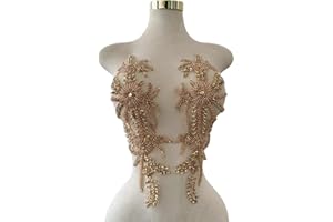 XZG.beatal Handmade Shining Rhinestones lace Applique Patches Sewing Beads Sequins Stone Trim Accessories for Wedding Dress 1Pair/Bag 17.7X5inches (Champagne)