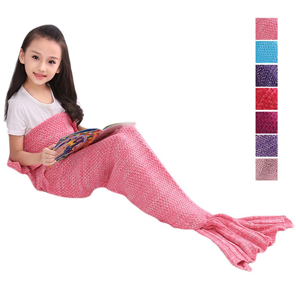 AIDUE Kids Mermaid Tail Blankets,Handmade Crochet Sofa Blankets Knitted Mermaid Bed Quilt Nap Sleeping Bag for Girls 140cmX70cm（55.1“x27.6”） (pink)