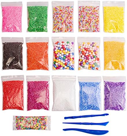 15 Pack Colorful Styrofoam Foam balls for Slime 0.08-0.35 Inch(50000pcs)with 3 Pcs Slime Tools and 1 Pack Fruit Slice,DIY for Kids Homemade Slime,Home Decorative,School Arts,Wedding and Party Decorati