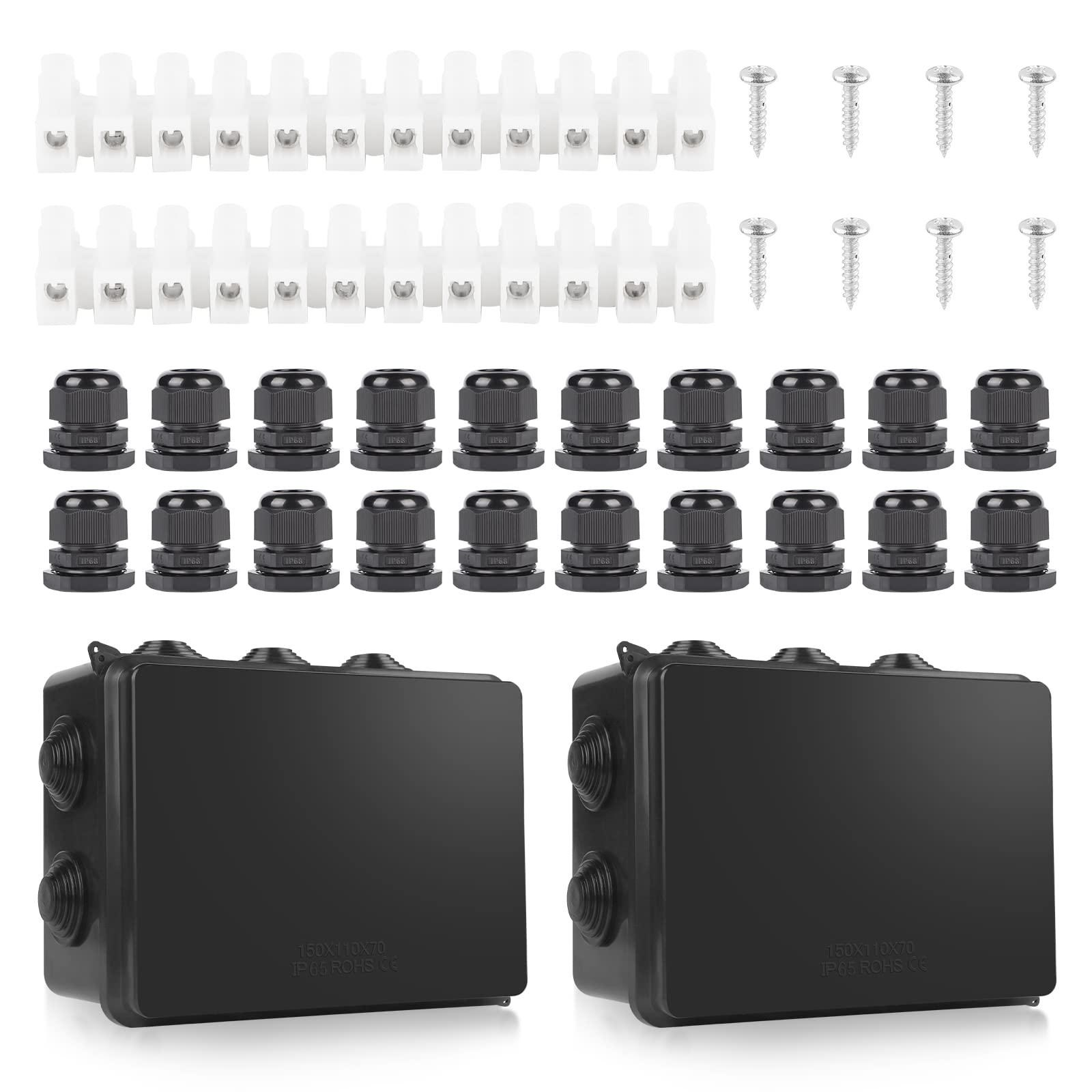 CPROSP Junction Box Waterproof IP44 Surface-Mounted Junction Box 150 x 110 x 70 mm Wet Room Boxes with 10 x Cable Glands