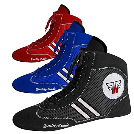 FOX-FIGHT SAMBO Schuhe „Quality Suede“ Leder Ringer- Wrestling Schuhe Mattenschuhe schwarz - blau – rot
