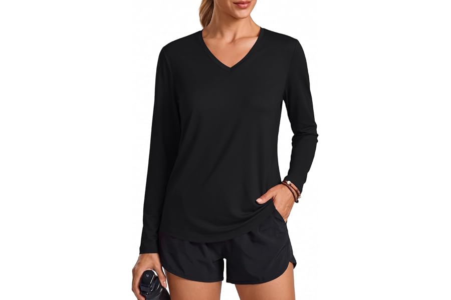 PINSPARK Long Sleeve Workout Tops for Women V-Neck UPF 50+ Running Shirts | Soft, Quick Dry, UV Protection, Moisture Wicking, Side Curved Hem, Relaxed Fit, for Gym Running Hiking Yoga Pilates Casual