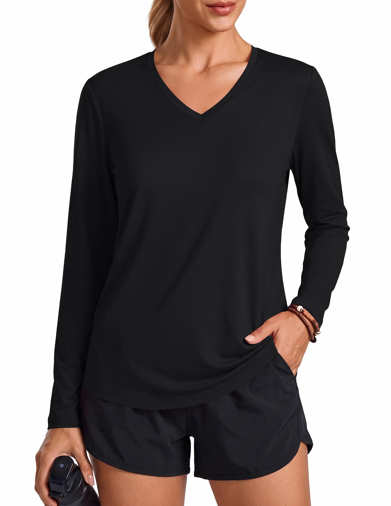 PINSPARK Long Sleeve Workout Tops for Women V-Neck UPF 50+ Running Shirts | Soft, Quick Dry, UV Protection, Moisture Wicking,